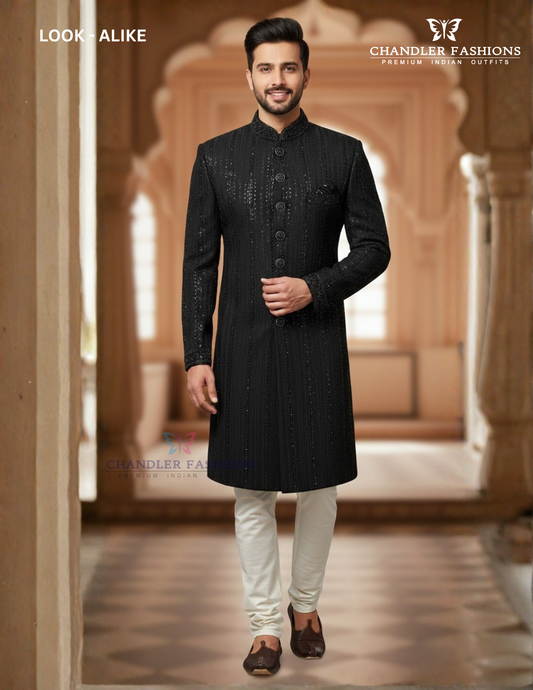 Premium Designer Vivaah Hand Embroidery Silk Sherwani Suit For Men - Black