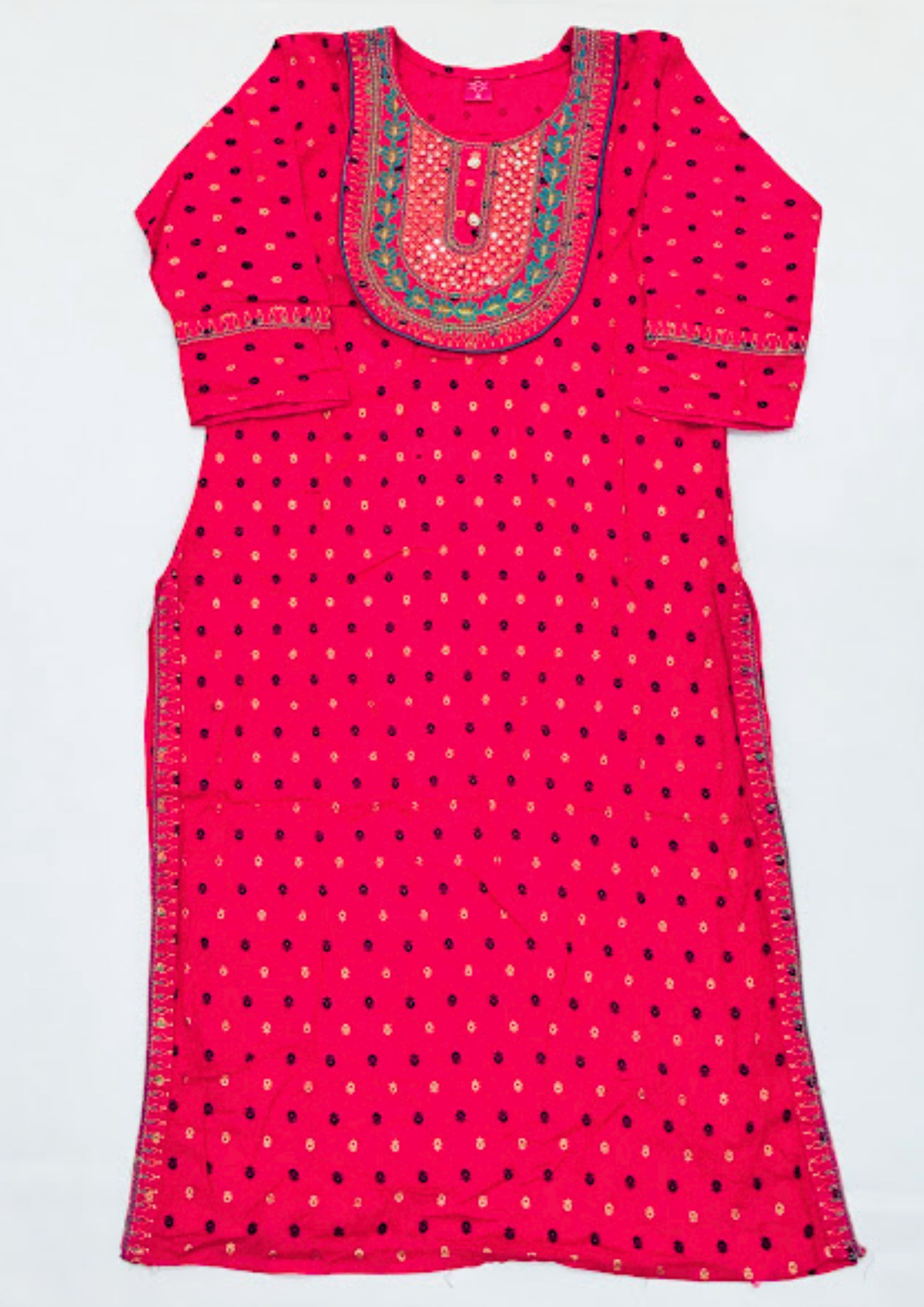 Dazzling Pink Color Embroidery With Printed Work Rayon Kurti