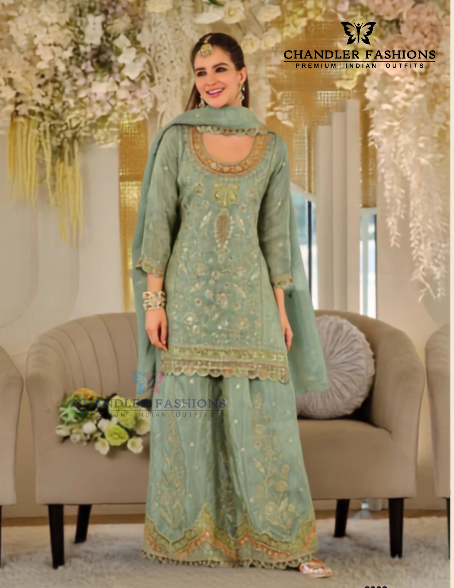 Sea Green Color Chinon With Embroidery And Sequins Work Palazzo Suit With Dupatta Near Me