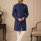 Delightful Blue Color With Pocket Design Sherwani With Poly Cotton Pajama For Men