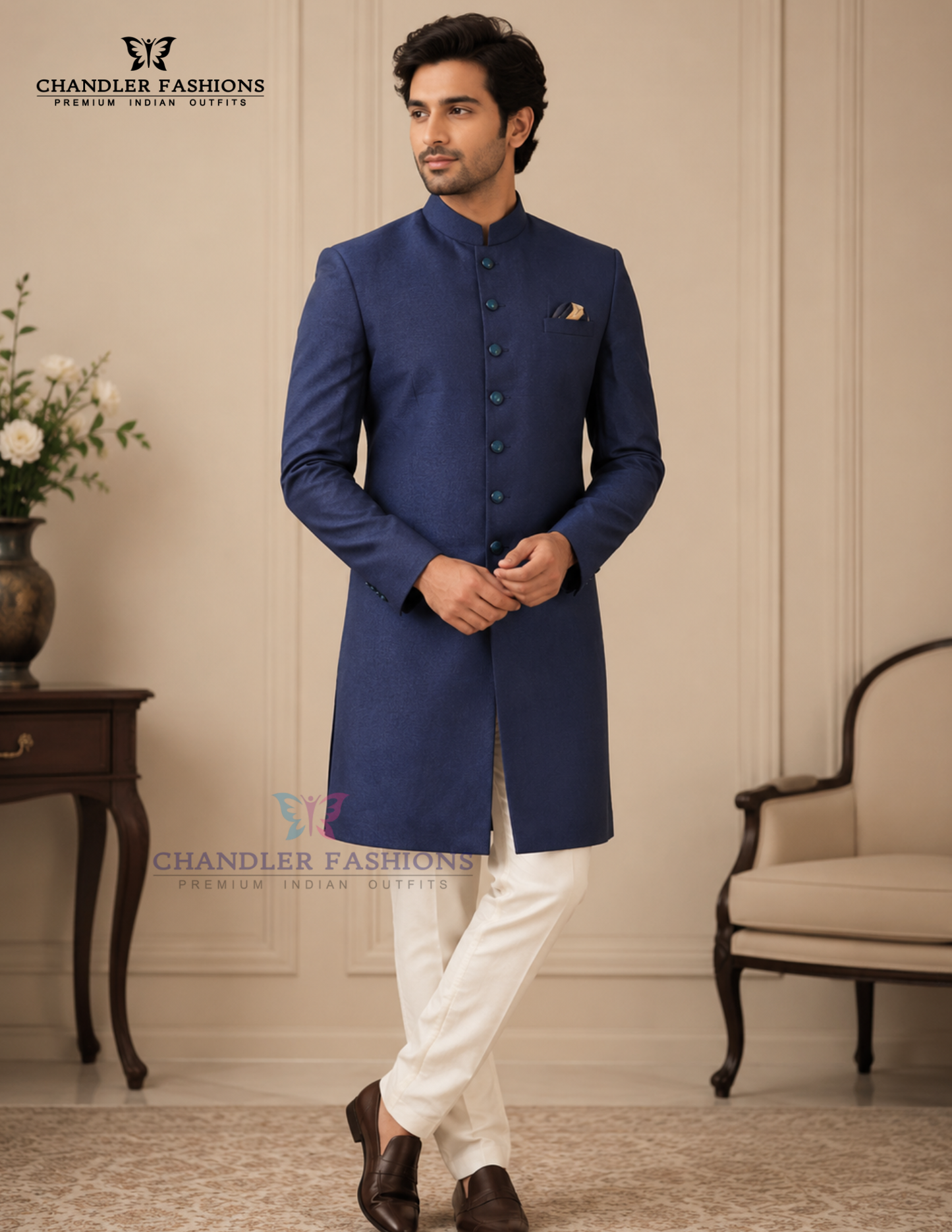 Delightful Blue Color With Pocket Design Sherwani With Poly Cotton Pajama For Men