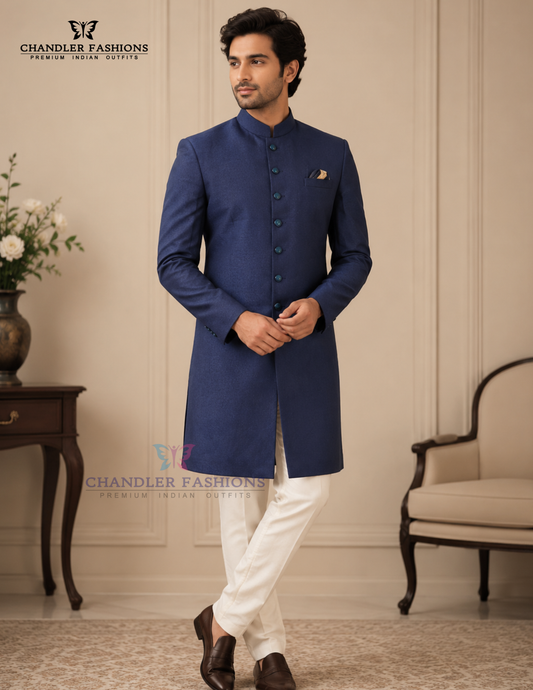 Delightful Blue Color With Pocket Design Sherwani With Poly Cotton Pajama For Men