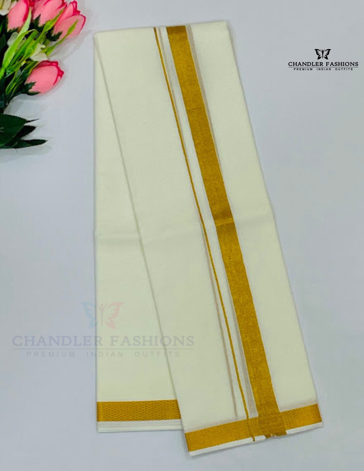 Cream Color Men's Cotton Angavastram With Gold Zari Border Near Me