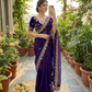 Charming Blue Color Satin With Embroidery And Sequins Work Saree For Women