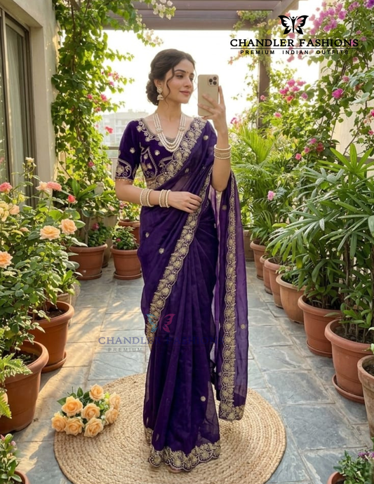 Charming Blue Color Satin With Embroidery And Sequins Work Saree For Women