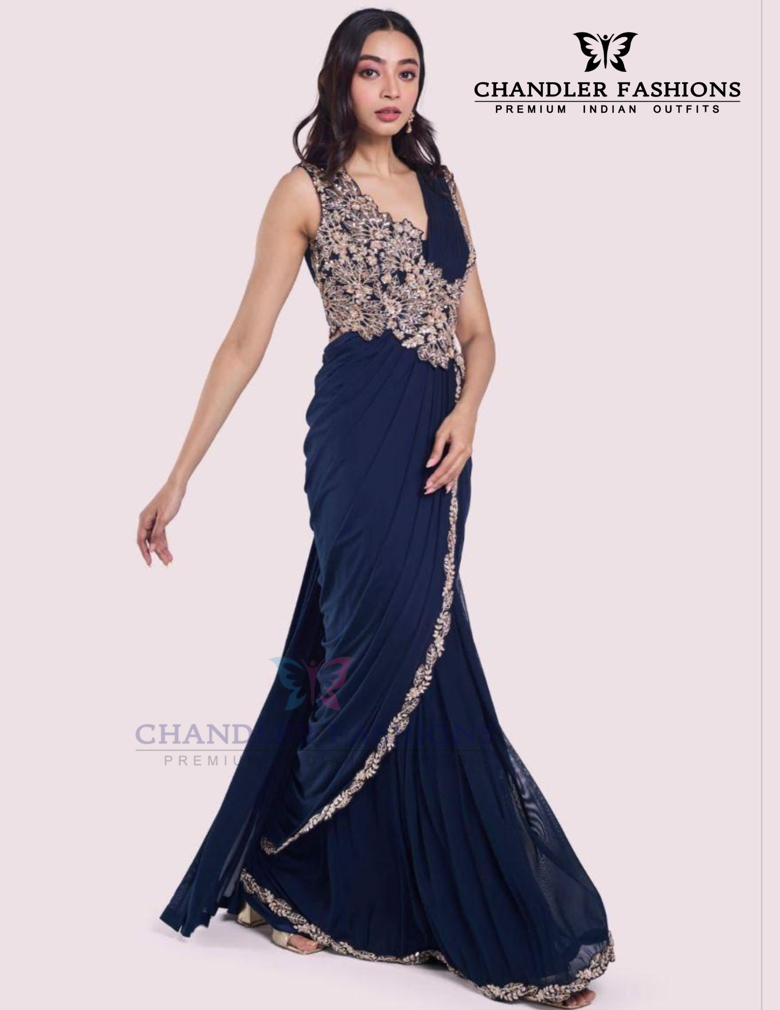 Navy Blue Color Heavy Rangoli With Embroidery Work Ready To Wear Saree Near Me