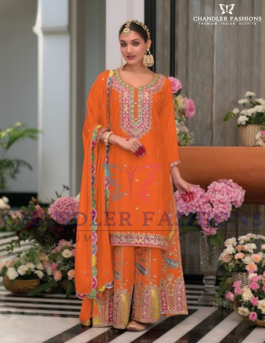 Elegant Orange Color Chinon Embroidery Work Palazzo Suits With Dupatta