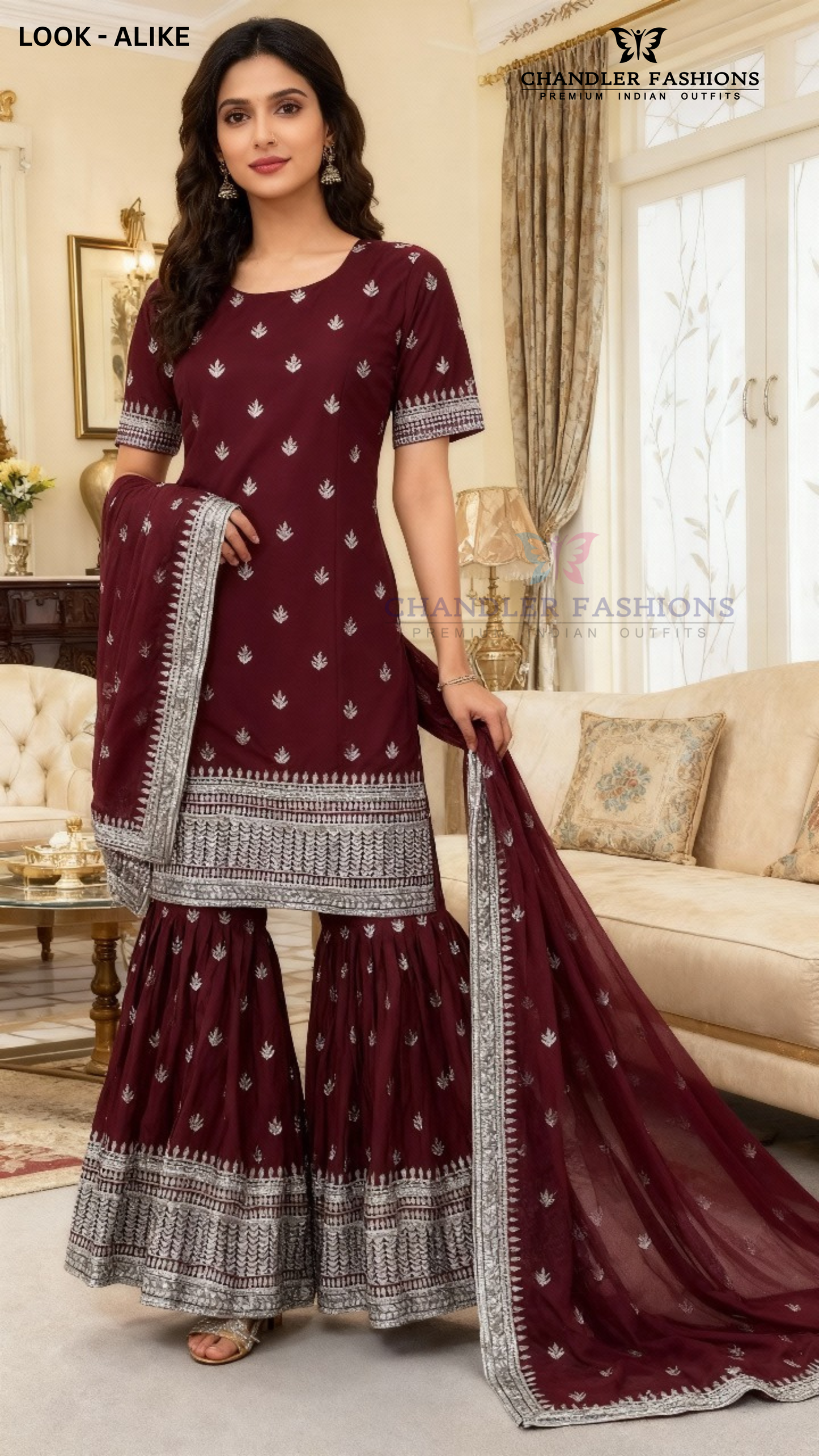 Charming Maroon Colored Pure Chinon With Heavy Embroidery Sequins Work Sharara Suits Near Me
