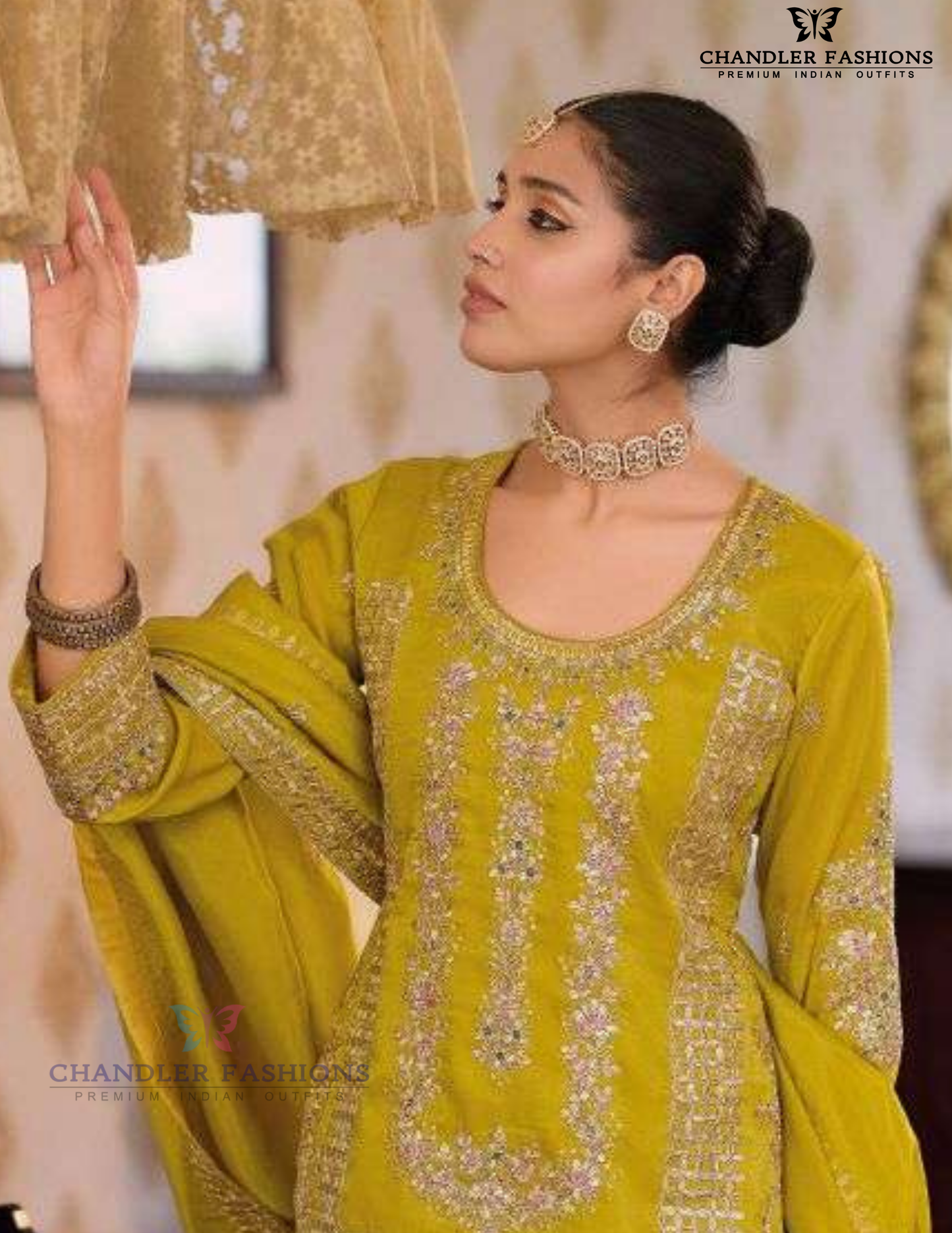 Charming Lime Green Color Shimmer Palazzo Suits With Embroidery Work For Women