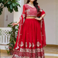 Charming Red Color Faux Georgette With Embroidery Work Lehenga Choli For Women