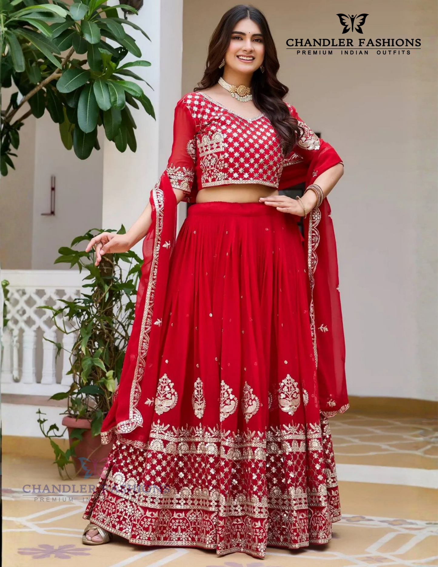 Charming Red Color Faux Georgette With Embroidery Work Lehenga Choli For Women