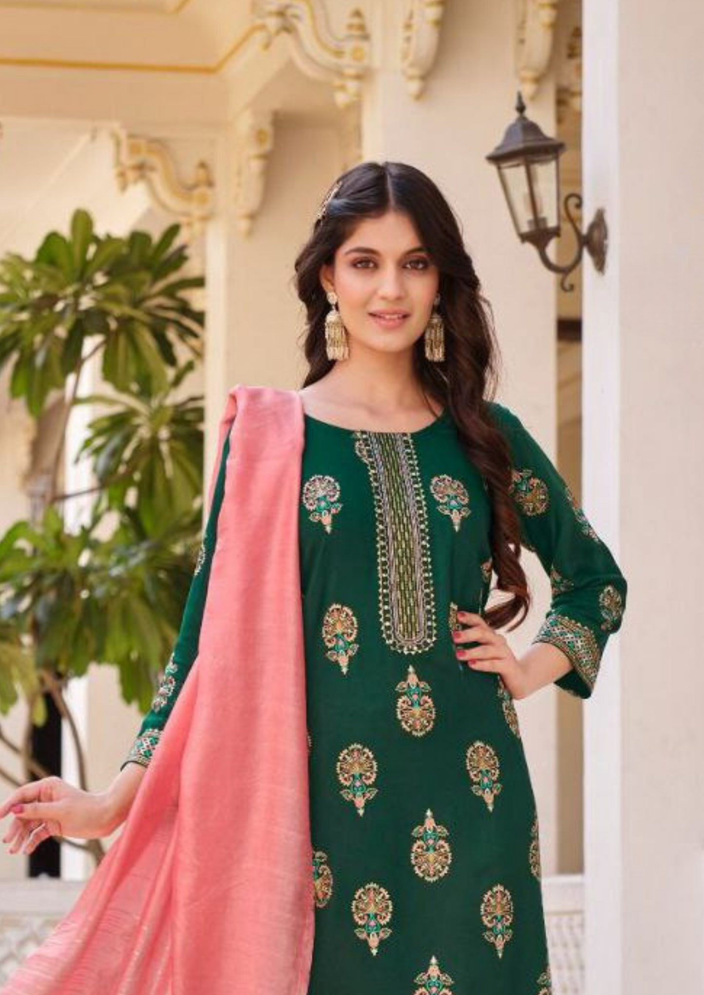 Green color Rayon With Classy Gold Print Fancy Embroidery Work Near Me