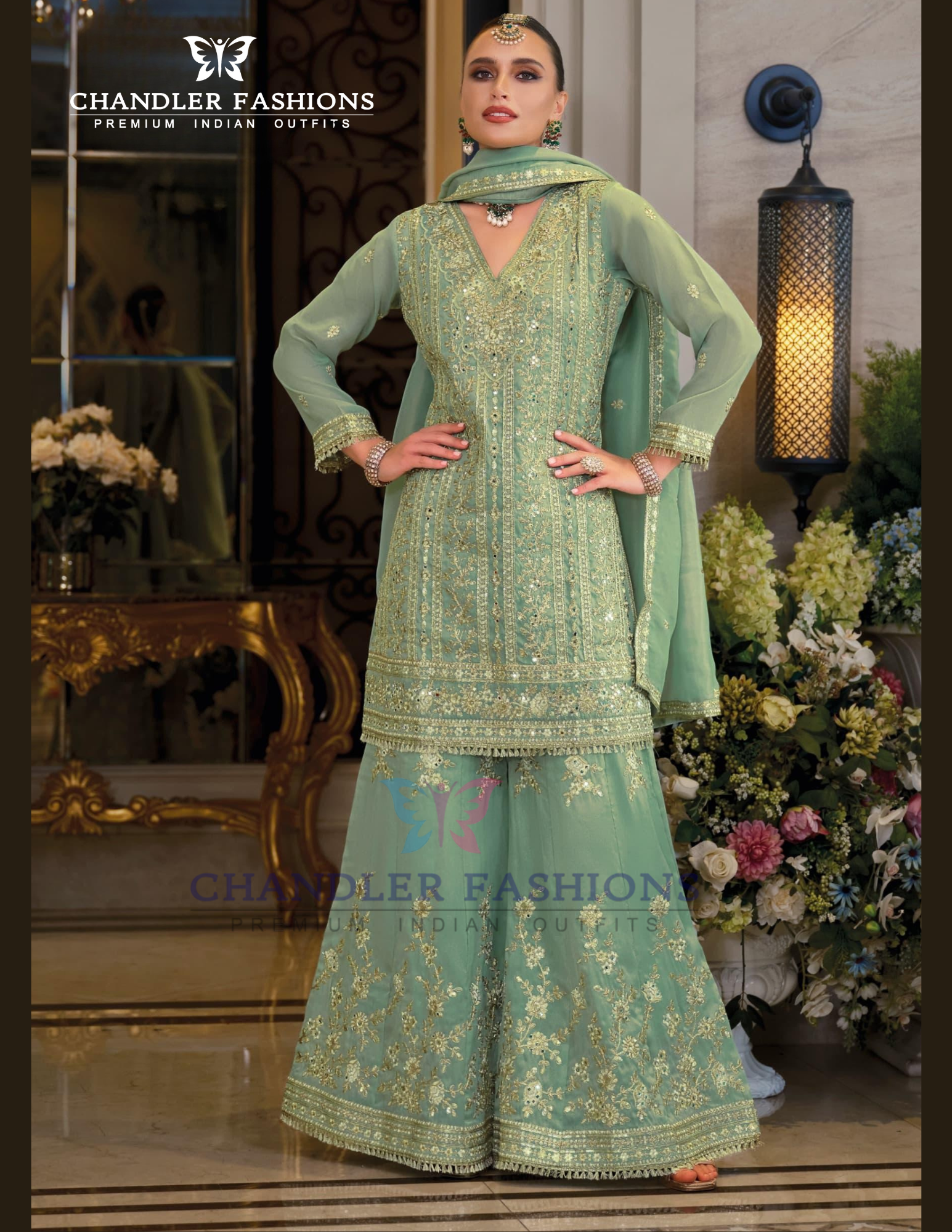 Light Green Color Shimmer With Embroidery Work Palazzo Suits And Dupatta Near Me