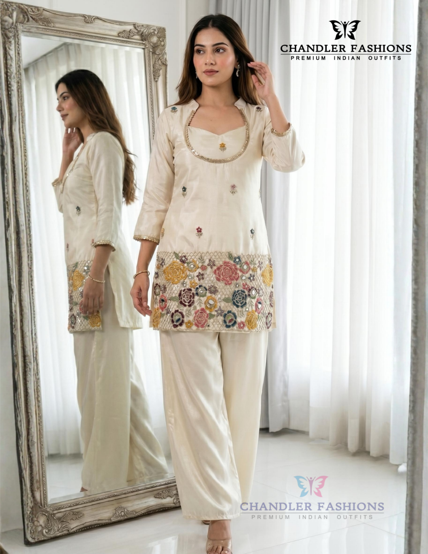 Attractive Off White Color Shimmer With Embroidery Work Palazzo Suits For Women
