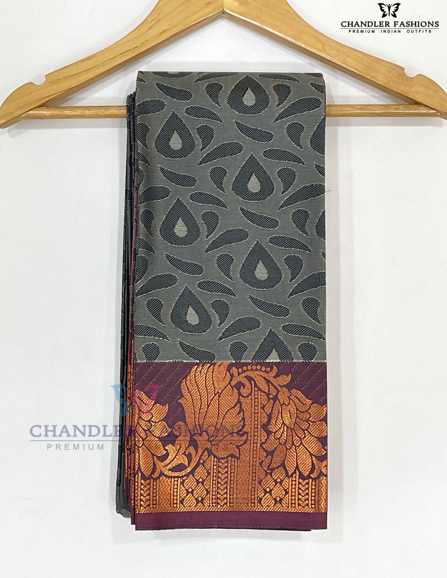 Charming Gray Color With Maroon Color Golden Zari Border Art Silk Saree Near Me