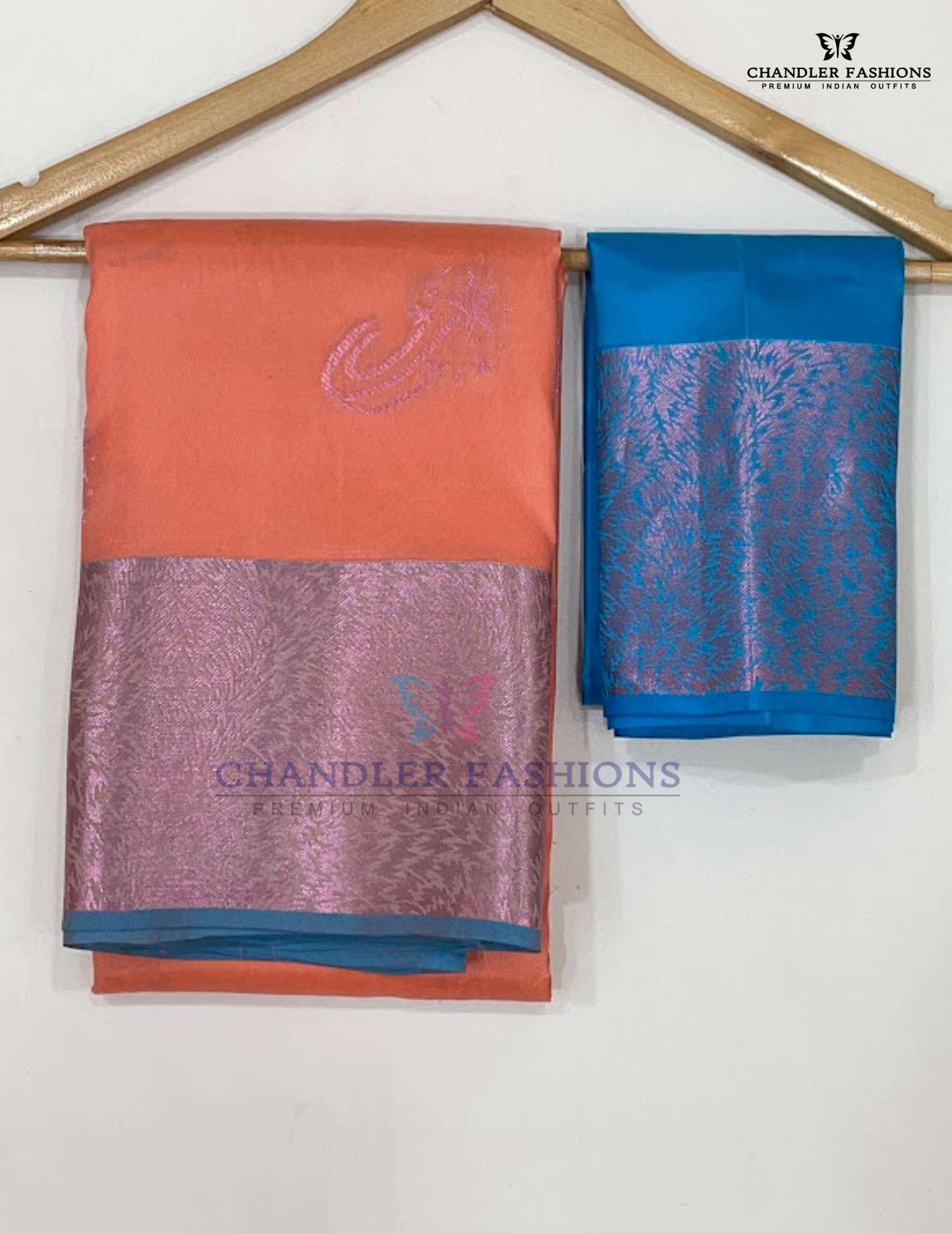 Charming Peach With Blue Color Pure Kanchi Silk Saree Near Me