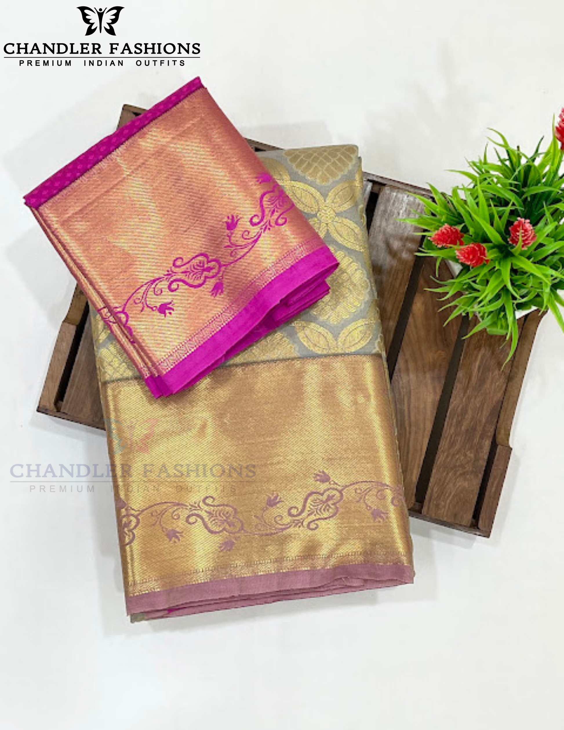 Attractive Gray Color Pure Kanchi Silk With Gold Zari Work Saree Near Me