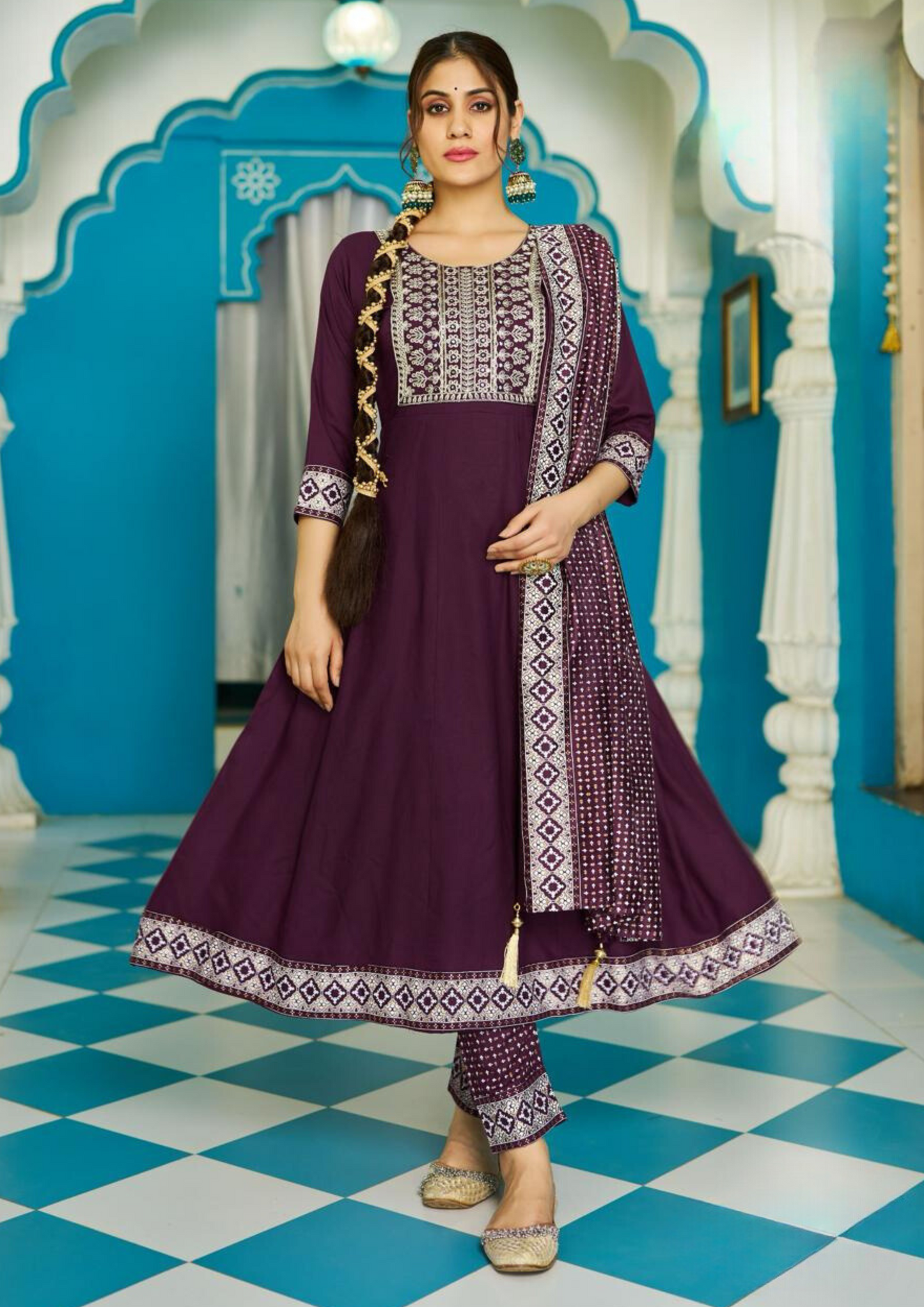 Attractive Purple Color Rayon Foil Print And Embroidery work Salwar Suits For Women