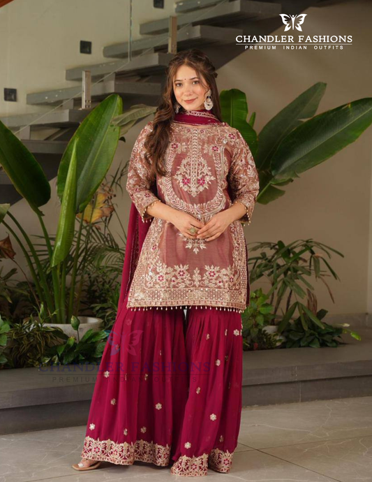 Amazing Maroon Color Crazy Silk Heavy Coding Embroidery Sequins Work Palazzo Suits