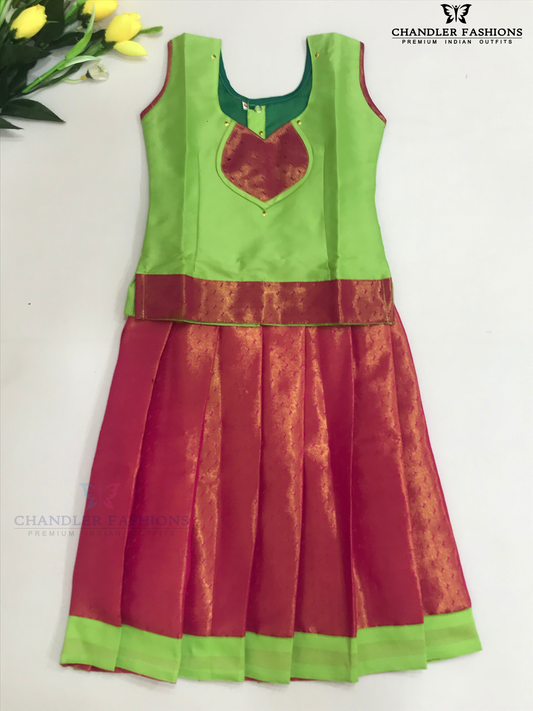 Attractive Light Green Color Silk Langa Set With Zari Work For Girls