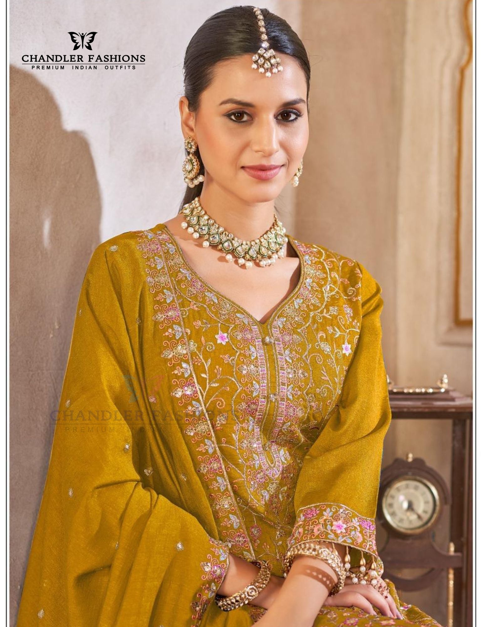 Attractive Mustard Yellow Color Vichitra Silk With Heavy Embroidery Work Salwar Suits For Women Near Me