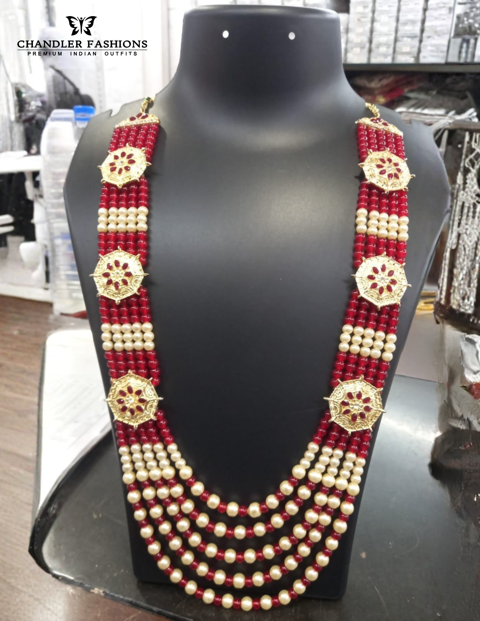 Attractive Red And White Color Gold Plated Mala With Pearl And Stone Work