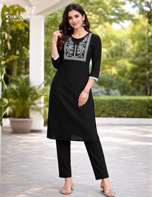 Wonderful Black Color Embroidery Work Cotton Kurti Suits For Women