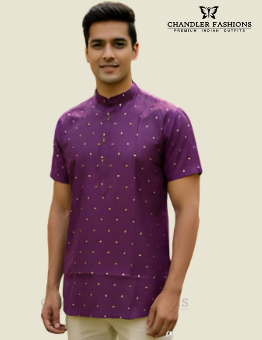 Elegant Purple Color Silk Cotton Short Kurta For Men