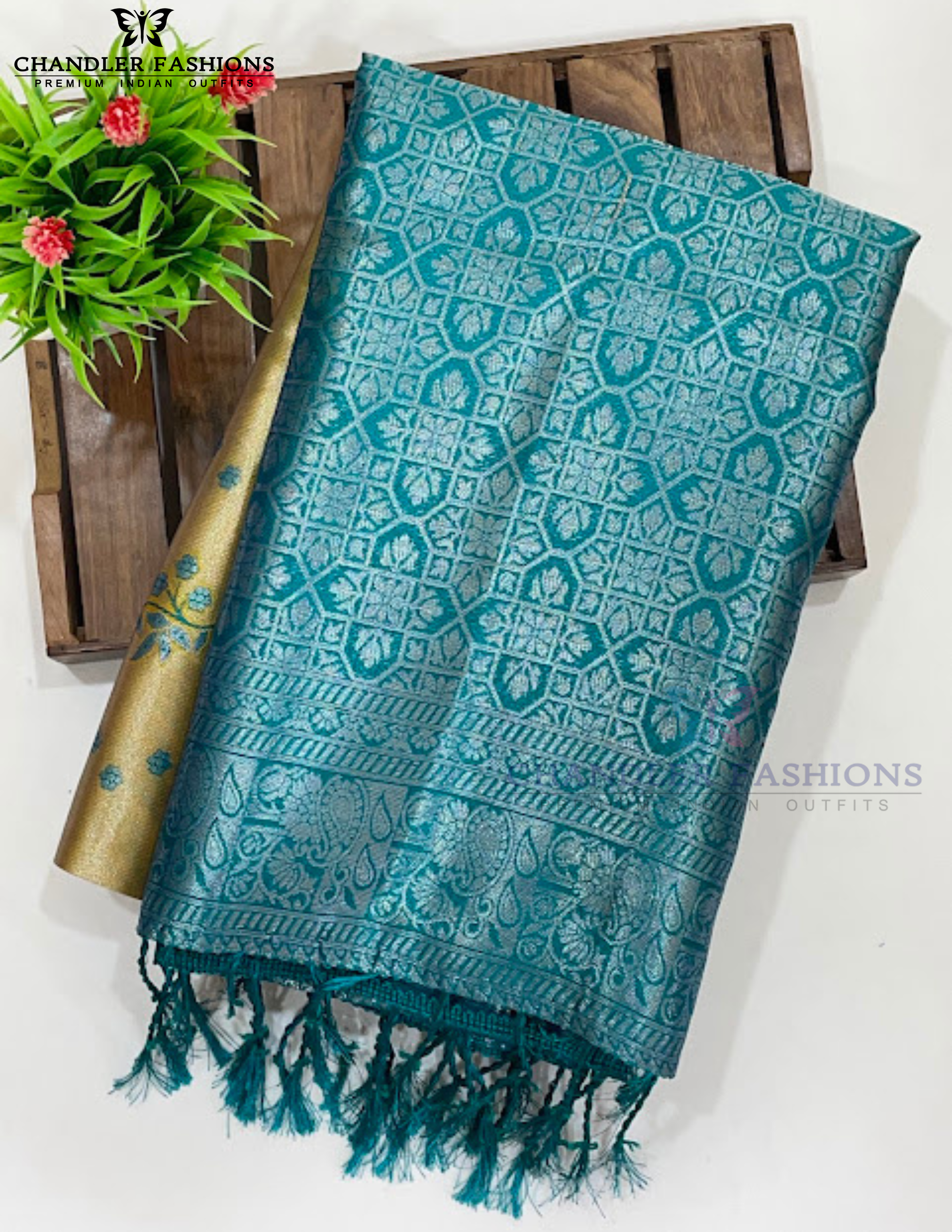 Gold Color Silk Saree With Rama Green Color Border Near Me