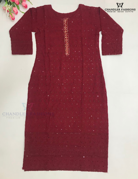Alluring Maroon Color Cotton With Embroidery Sequins And Mirror Work Kurti  For Girls