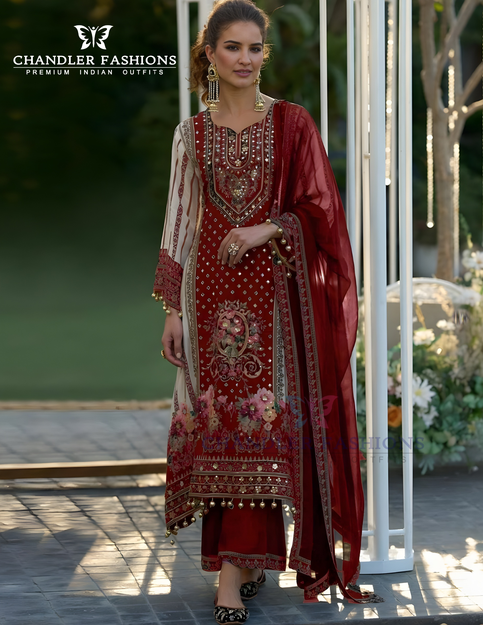 Attractive Red Color Sheer With Printed And Fancy Embroidery Mirror Work Palazzo Suits