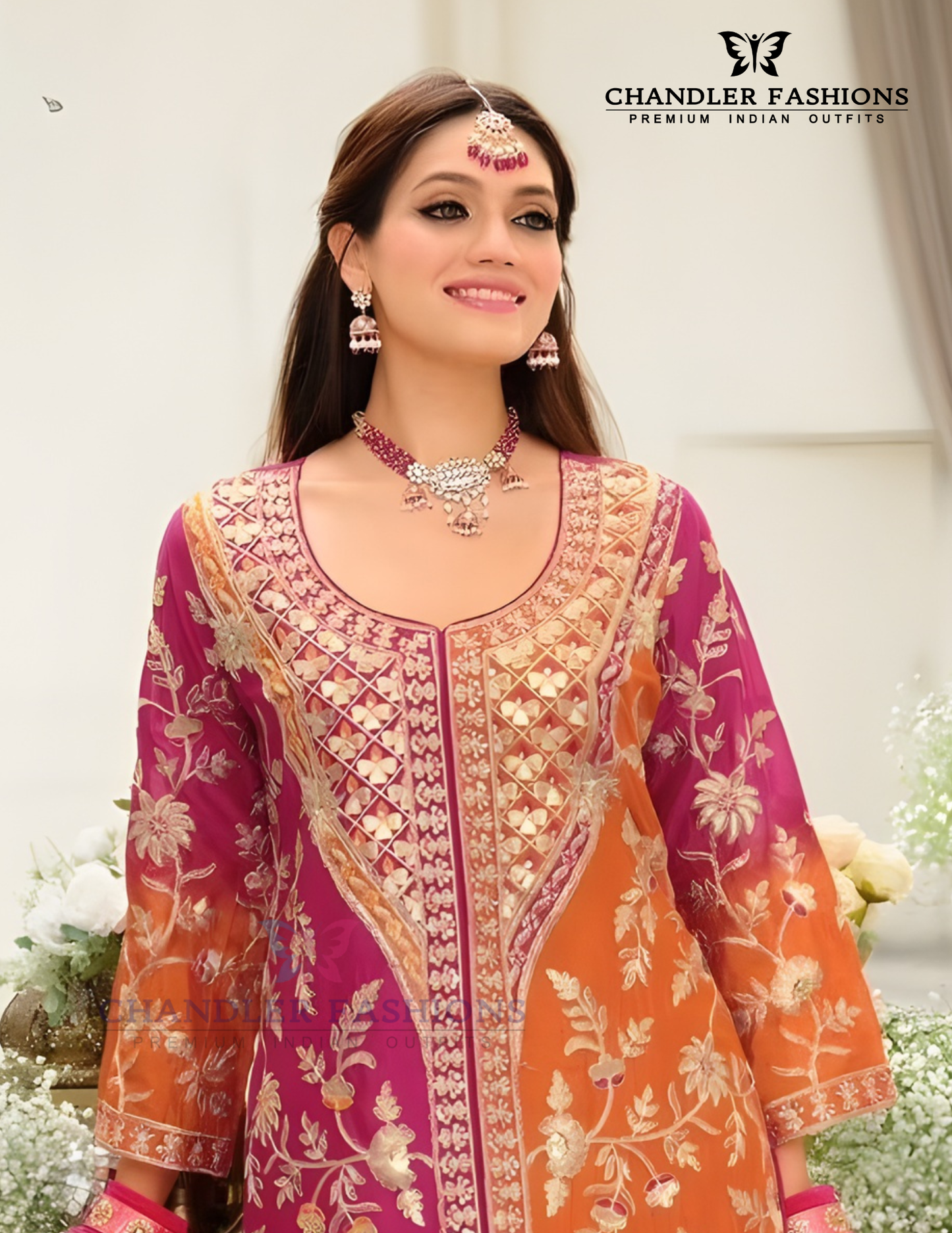 Pink And Orange Color Embroidery Work Kurti With Palazzo Pant Set Near Me