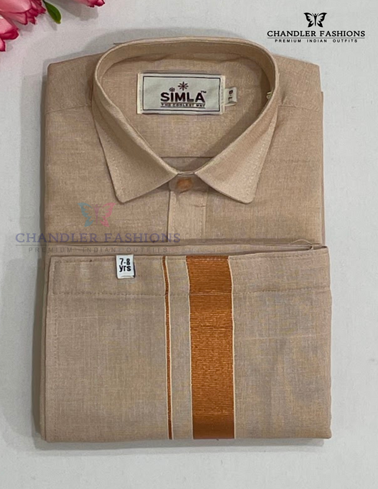 Pleasing Copper Color Cotton Shirt With Tissue Zari Work Dhoti Set For Kids