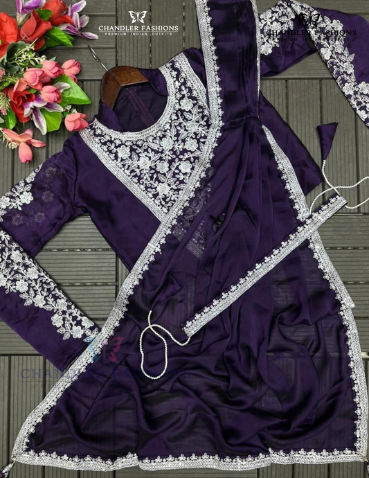 Attractive Violet Color Heavy Rangoli Ready To Wear Saree For Women