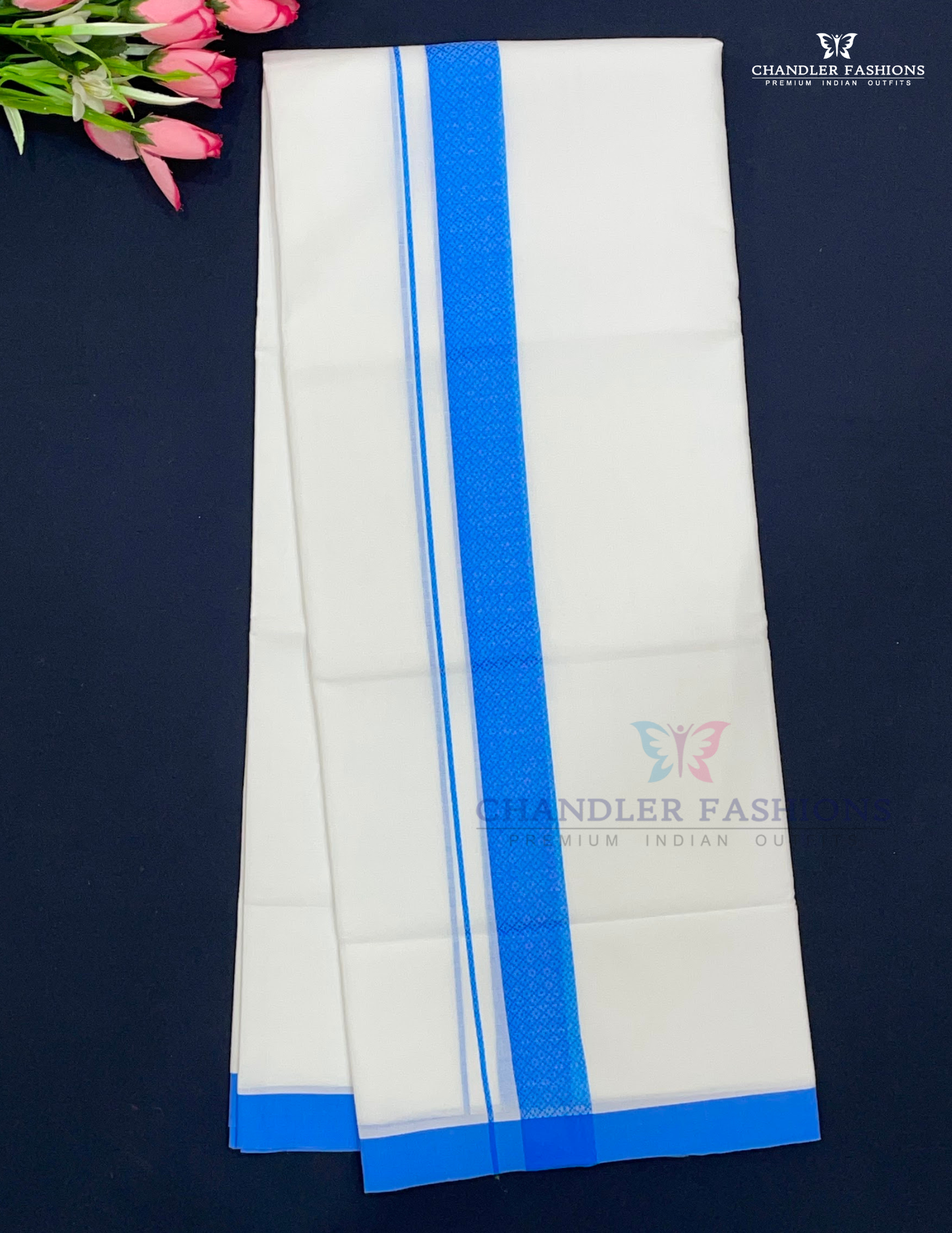 Men's White Color Cotton Dhoti With Blue Border Near Me