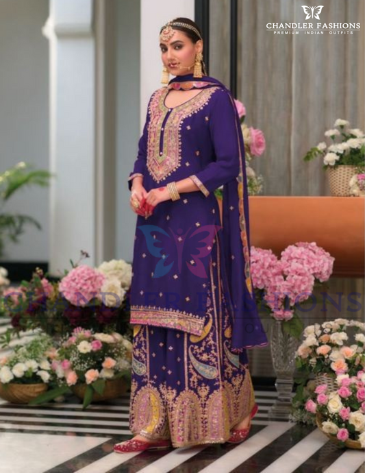 Attractive Dark Blue Color Chinon Embroidery Work Palazzo Suits With Dupatta