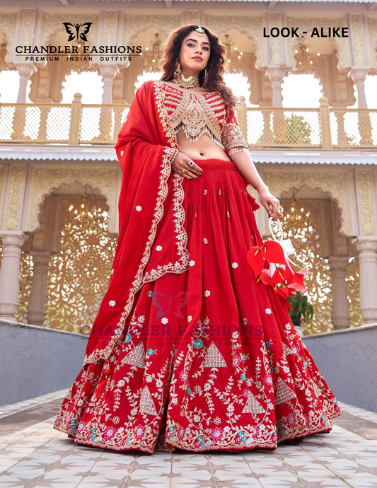 Attractive Red Color Vichitra Silk With Heavy Cording Embroidery And Sequins Work Lehenga Choli With Dupatta