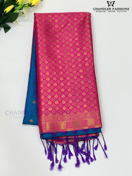 Beautiful Blue Color Gold Zari Work Soft Silk Saree With Pink Color Pallu For Women