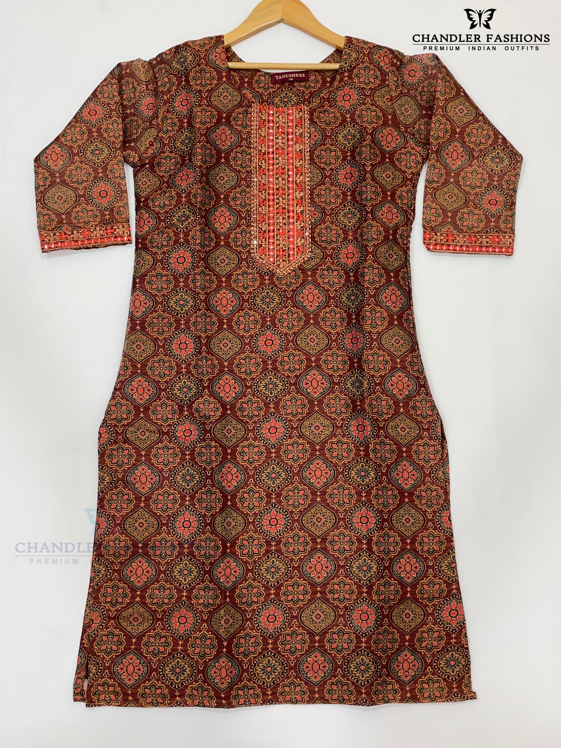 Pleasing Brown Color Kurti With Zari Embroidery And Sequins Work Near Me