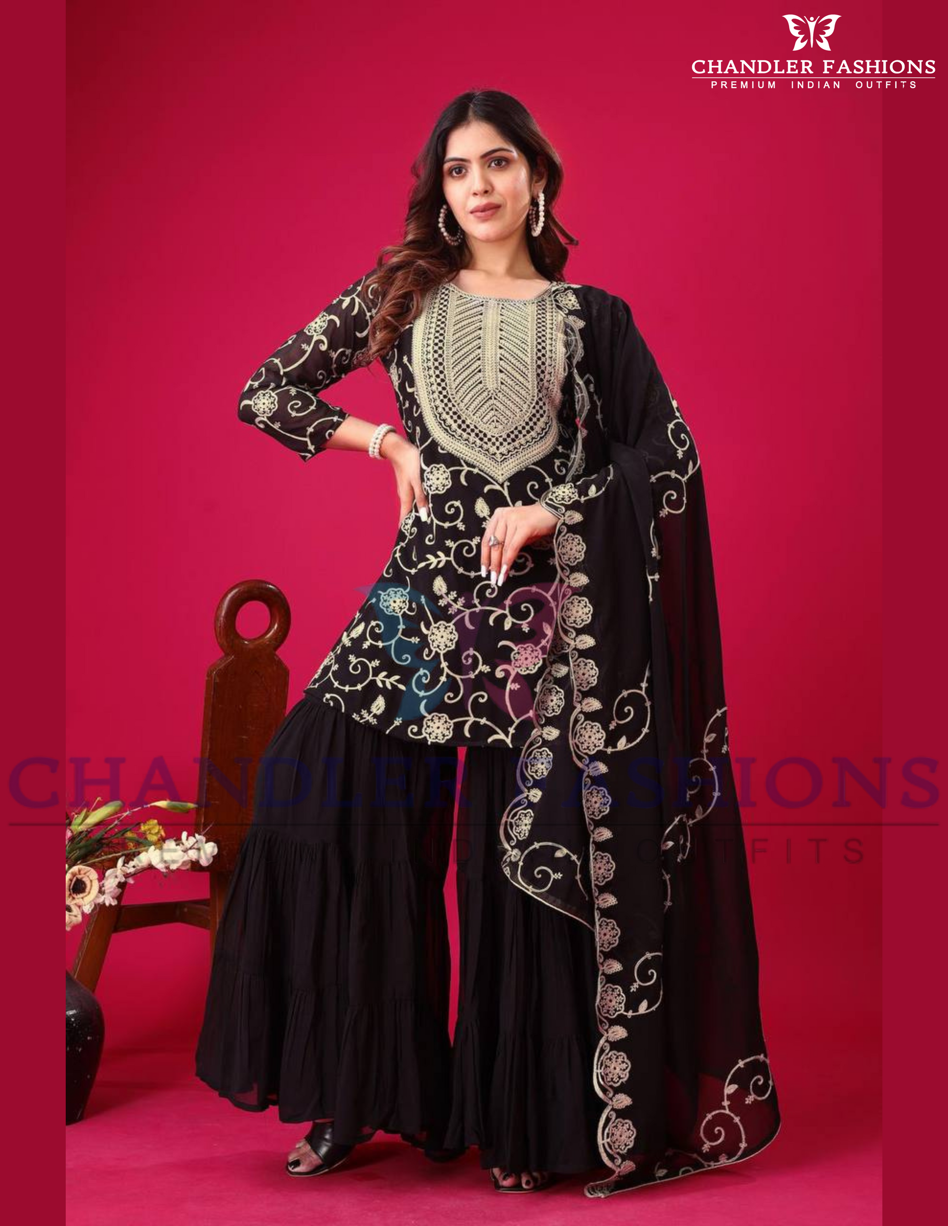 Elegant Black Color Georgette Embroidered Work Sharara Suits Near me