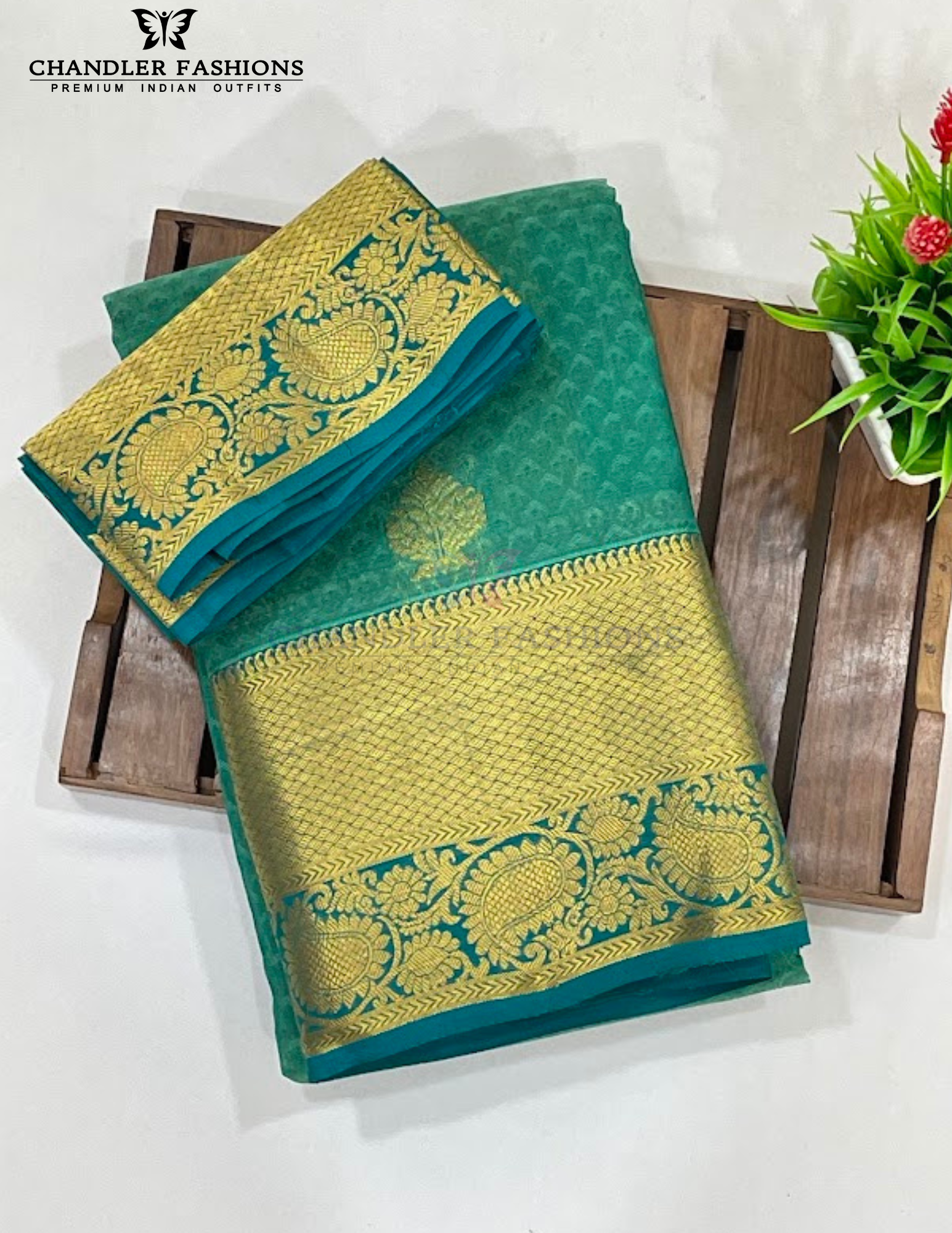 Green Color Pure Kanchi Silk With Gold Zari Work Saree Near Me
