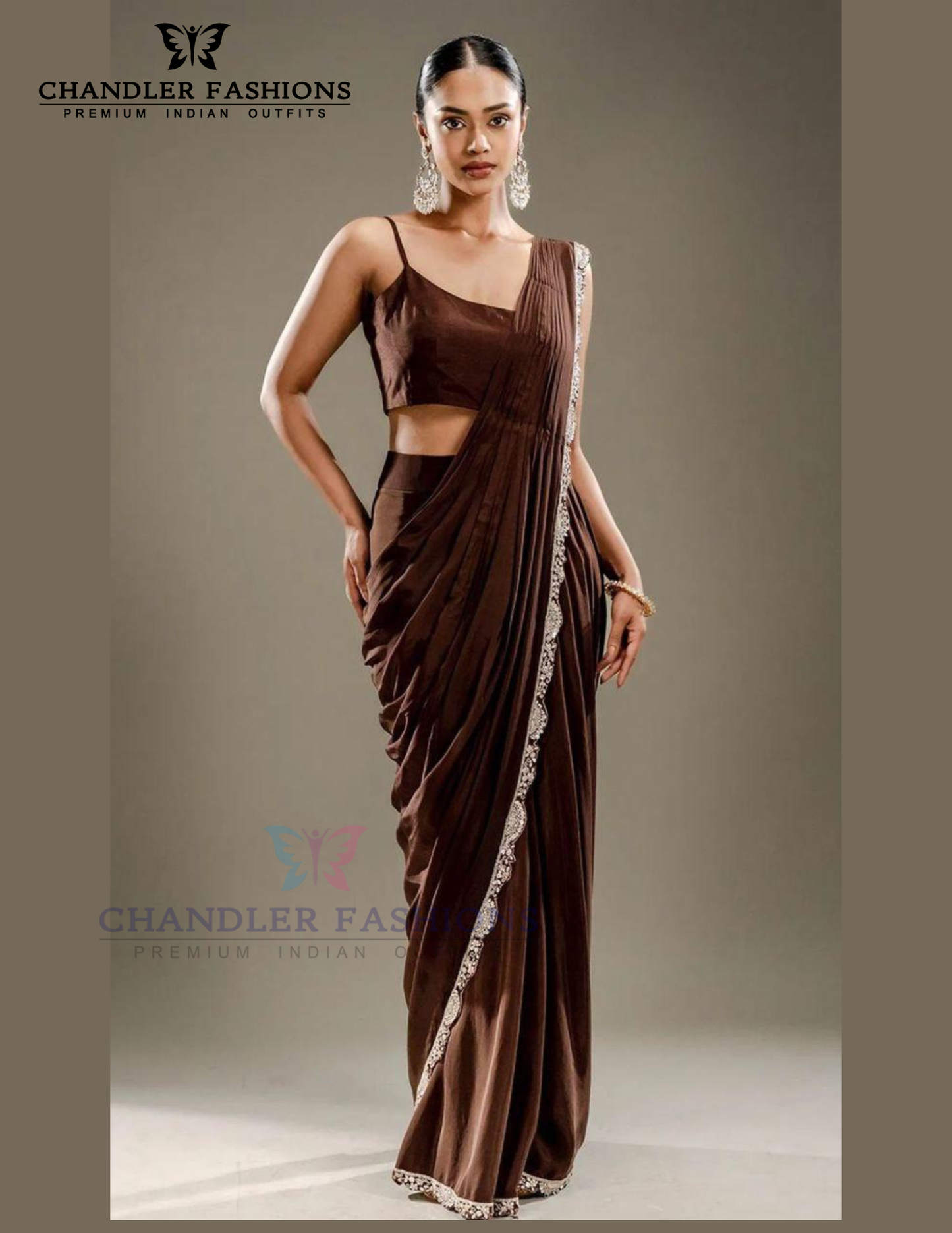 Brown Color Heavy Chinon Ready To Wear Saree Near Me