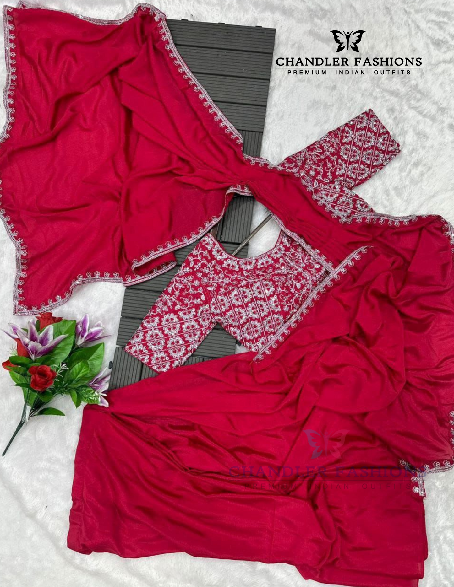 Charming Red Color Chinon Ready To Wear Saree In Mesa