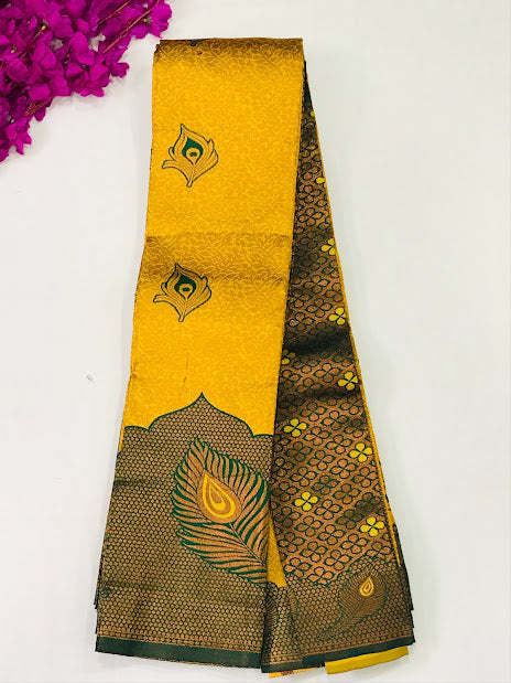 Beautifu Yellow Color Art Silk Saree With Pecock Feadher Design And Contrast Green Color Rich Pallu