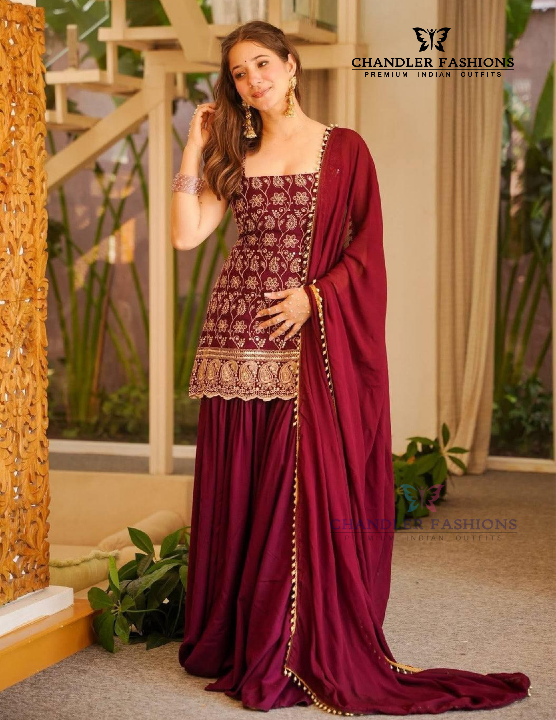 Alluring Maroon Color Georgette Palazzo Suit In Chandler