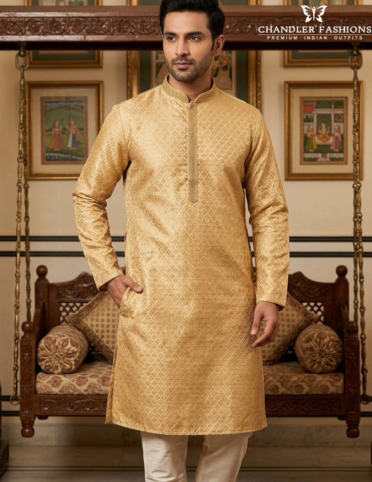 Charming Gold Color Zari Brocade With Linning Embroidery Work Kurta Pajama Pant For Men