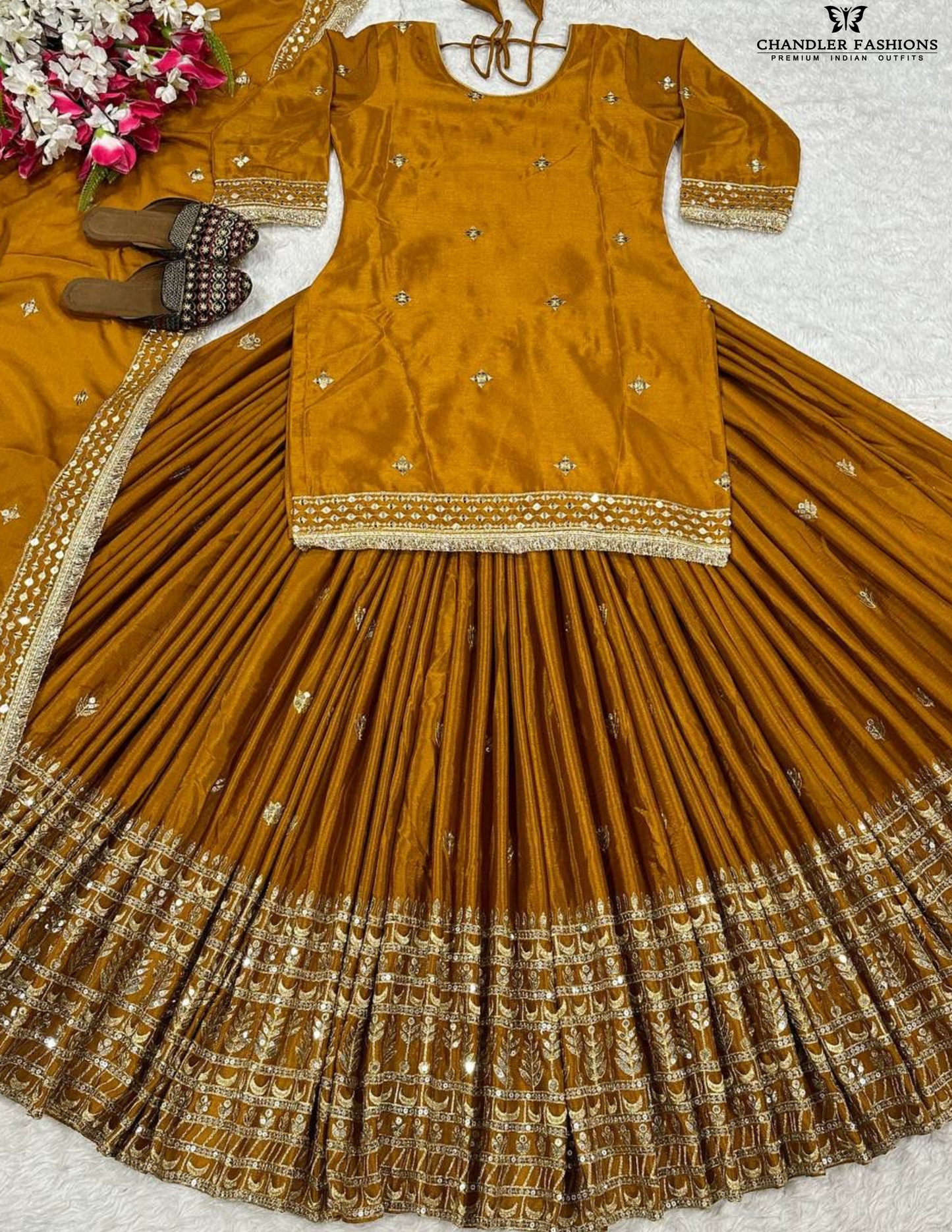 Alluring Mustard Brown Color Heavy Chinon Silk Lehenga Choli With Embroidery And Sequins Work