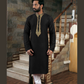 Alluring Black Color Neck Embroidery Work Slub Silk Kurta With Pajama Set