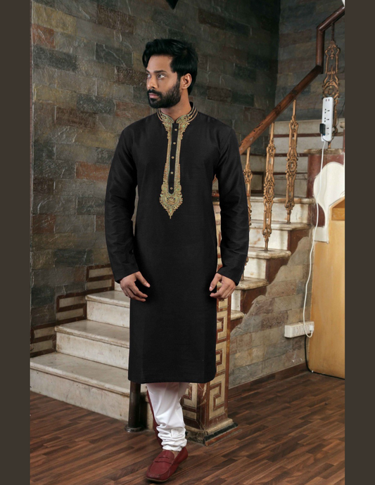 Alluring Black Color Neck Embroidery Work Slub Silk Kurta With Pajama Set