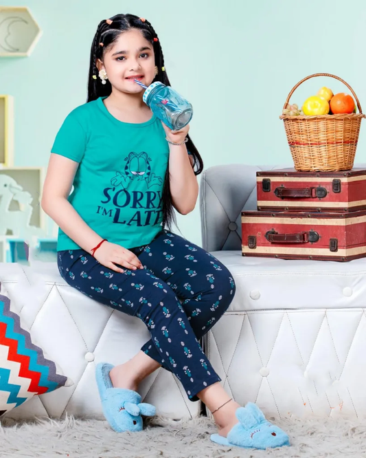 Fabulous Kids Teal Blue And Dark Blue Printed Cotton Night Wear